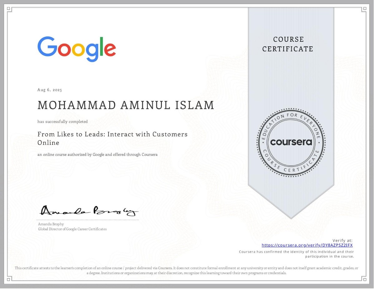 Google Digital Marketing & E-commerce Certificate From Likes to Leads: Interact with Customers Online