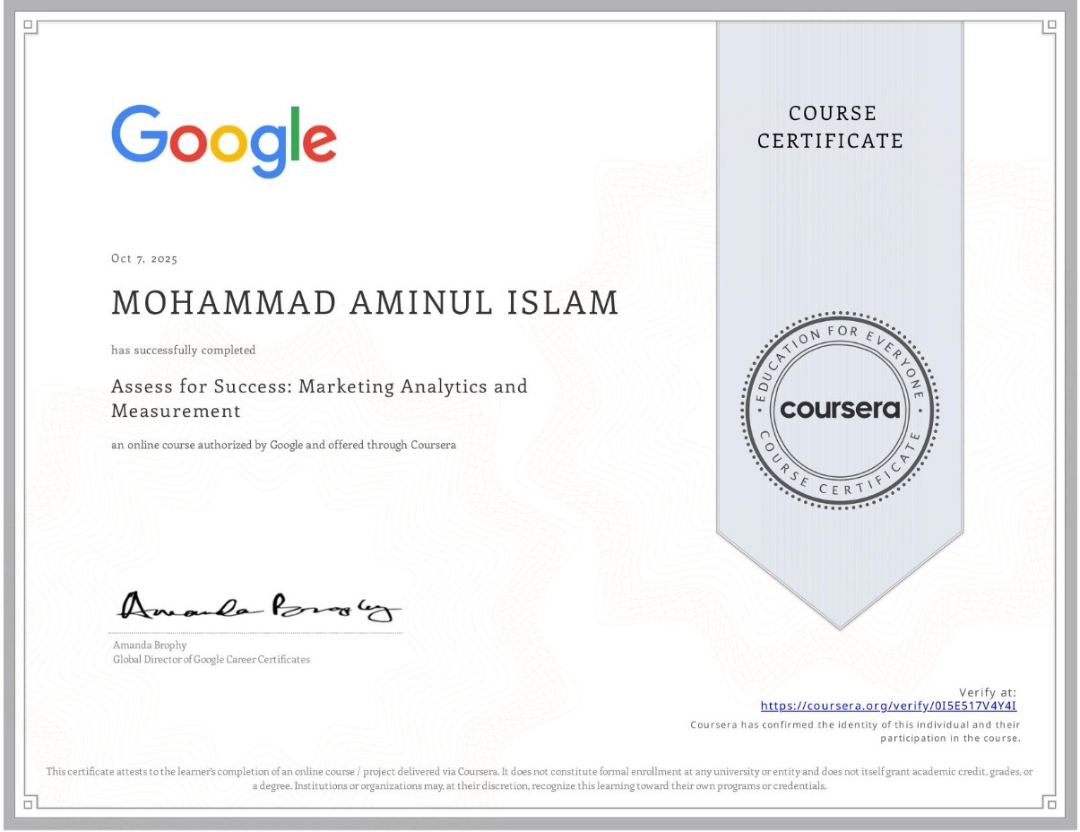 Google Digital Marketing & E-commerce Certificate Assess for Success: Marketing Analytics and Measurement