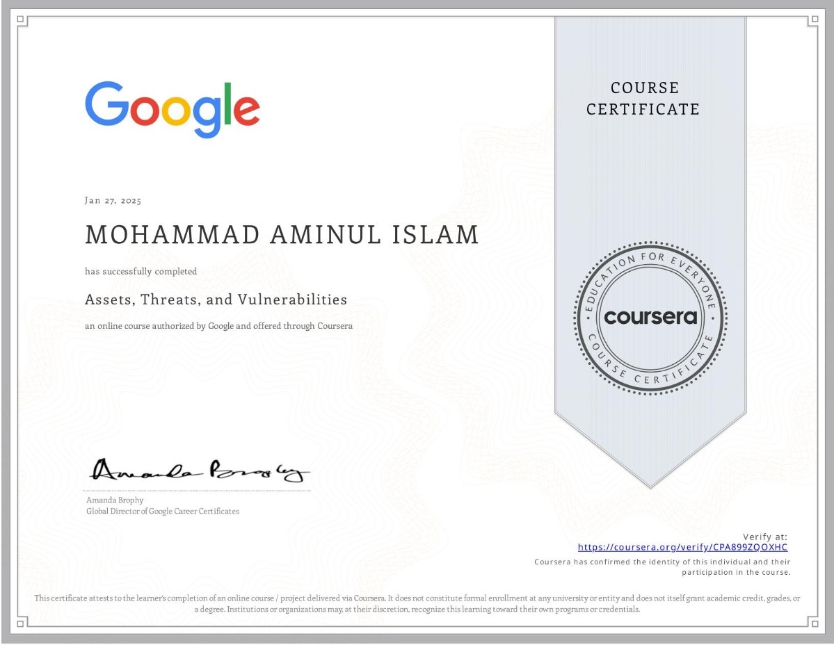 Google Cybersecurity Certificate - Assets, Threats, and Vulnerabilities