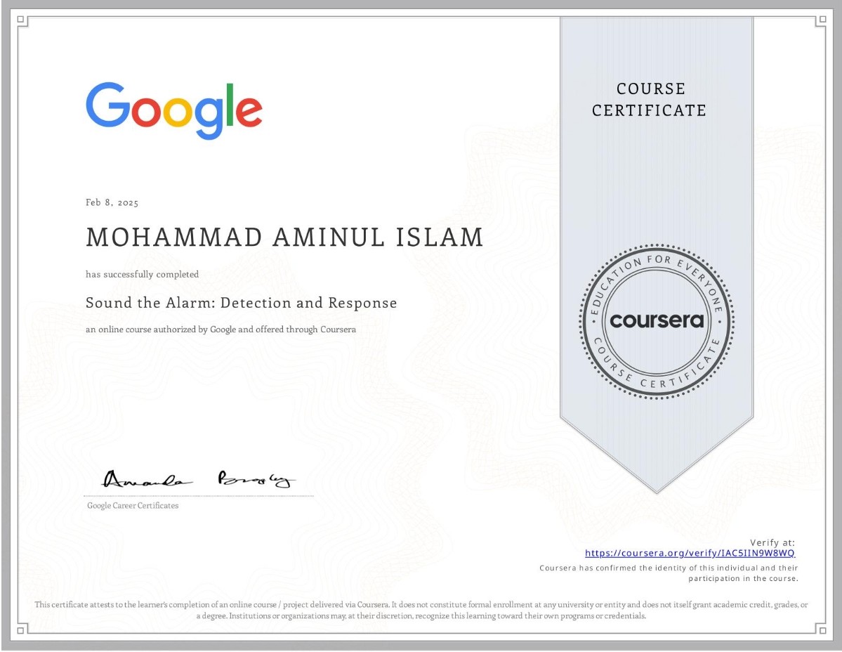 Google Cybersecurity Certificate - Sound the Alarm: Detection and Response