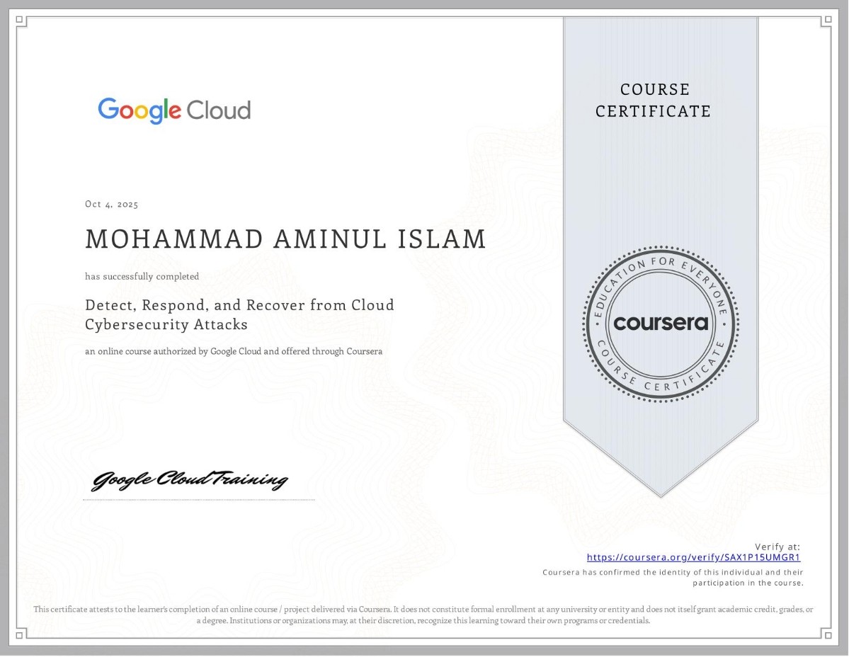 Google Cloud Cybersecurity Certificate - Detect, Respond, and Recover from Cloud Cybersecurity Attacks