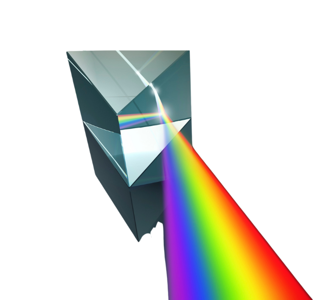 The image depicts a prism and spectrum, emblematic of astrophysical phenomena and the cosmic marvel of light.