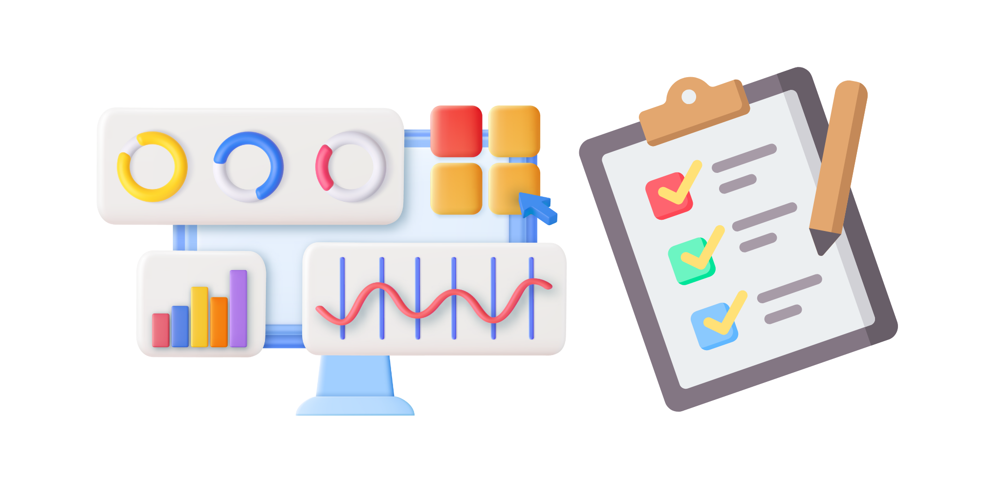 Illustration of analytics dashboard and checklist clipboard, representing technical SEO tasks, metrics, and optimization steps.