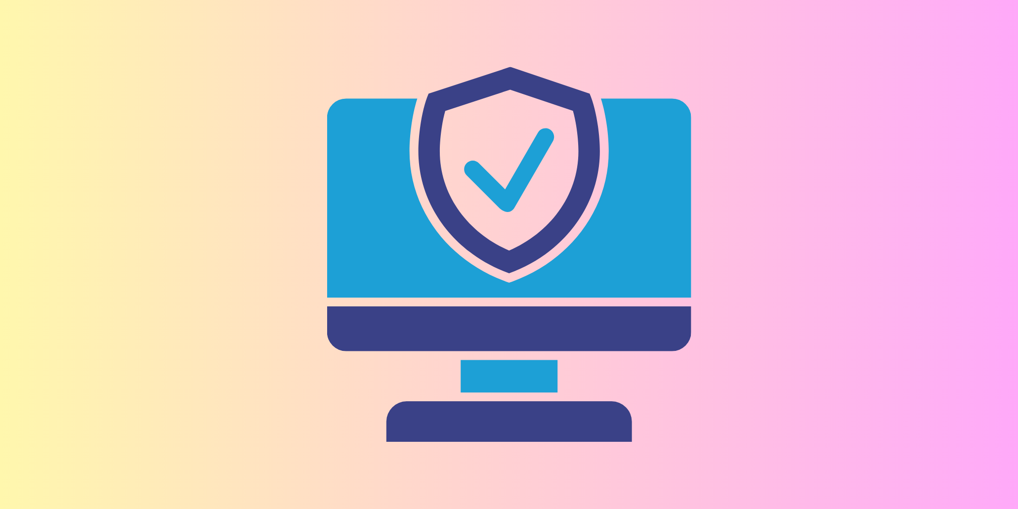 Illustration of a desktop monitor with a security shield and checkmark, representing cyber hygiene and safe practices for remote work environments.