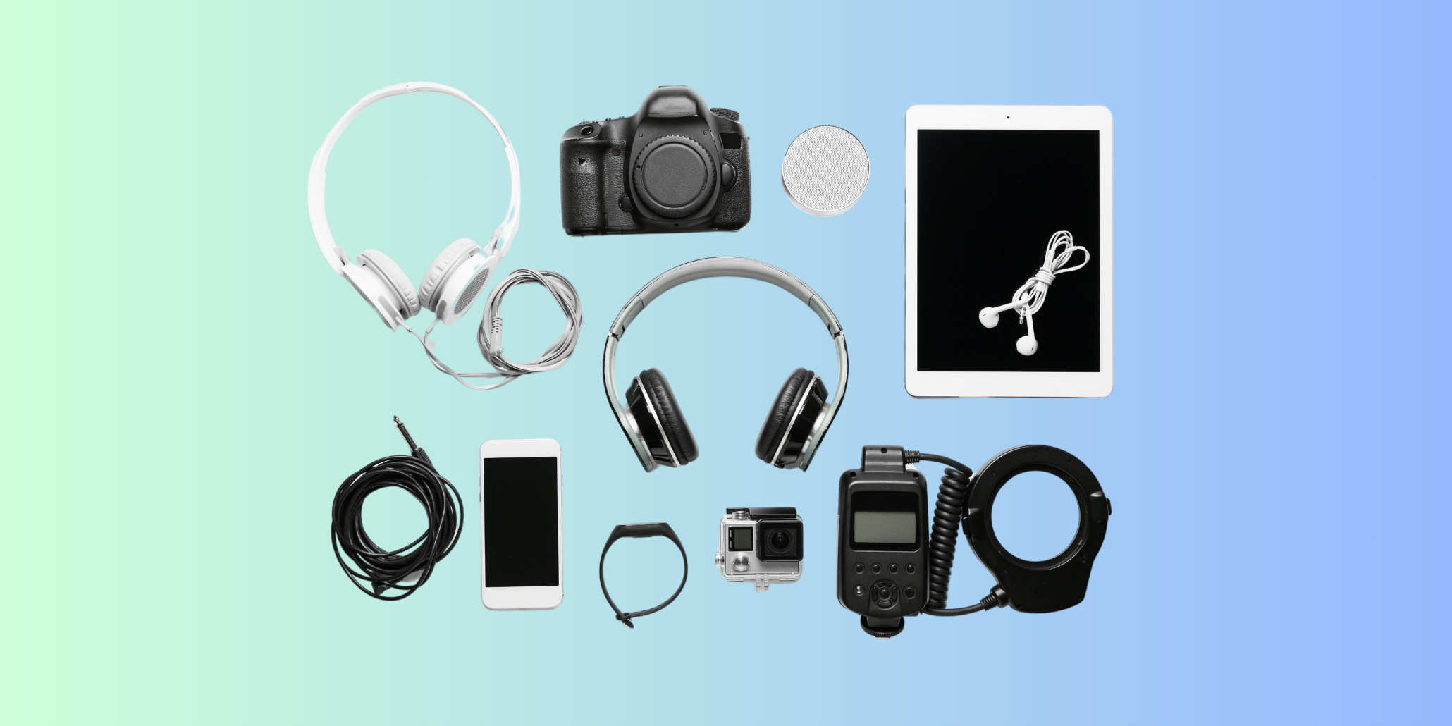 Assorted IoT devices including headphones, phone, camera, and tablet, symbolizing vulnerabilities in connected tech.