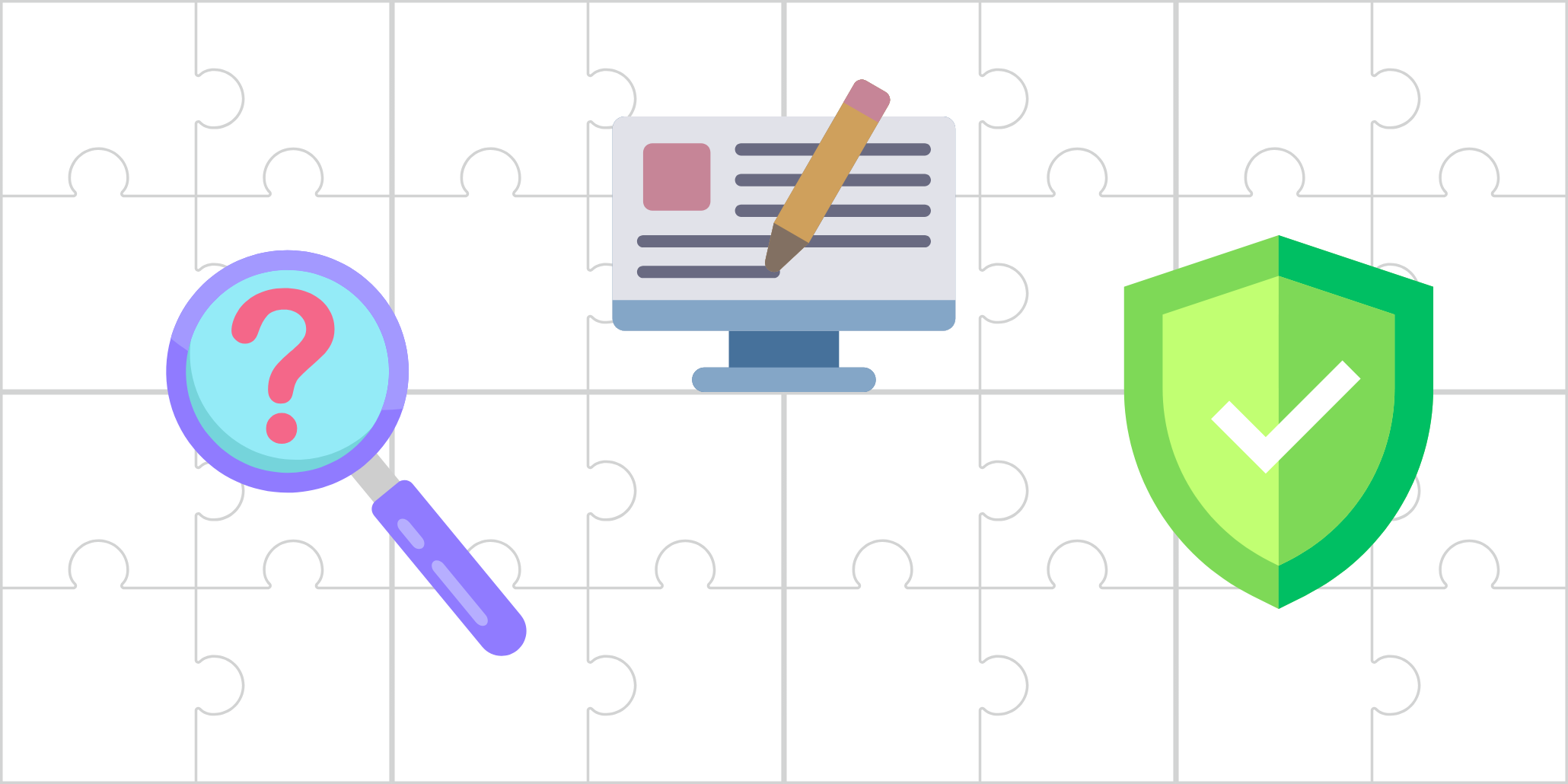 Icons of a magnifying glass, web content, and security shield over puzzle pieces, representing consulting in SEO, content, and cybersecurity.