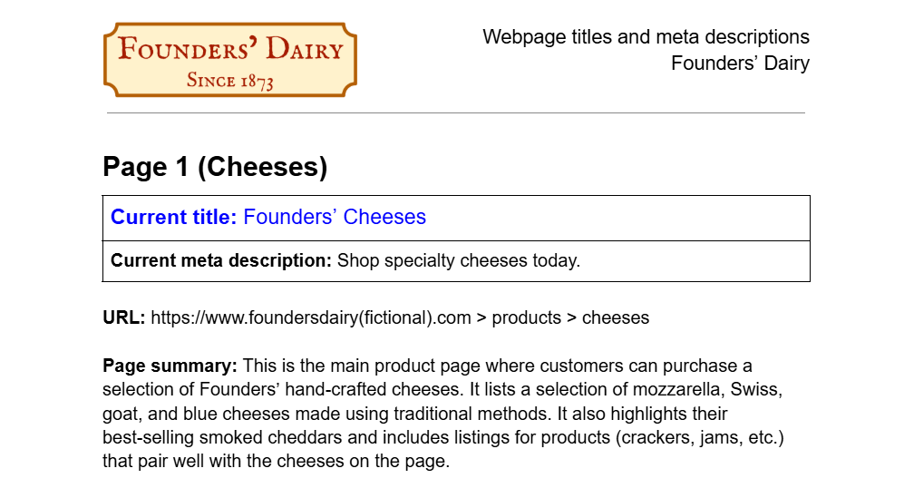SEO metadata optimization project showing webpage title analysis, meta description improvements, keyword targeting, and search visibility recommendations.