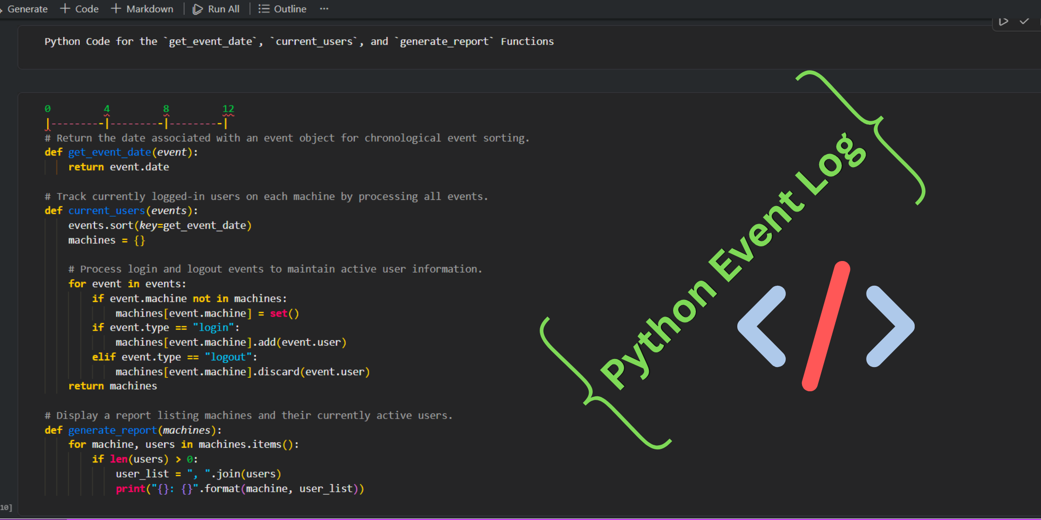 Python event tracking system showing login and logout event processing, user activity monitoring, debugging, and report generation.
