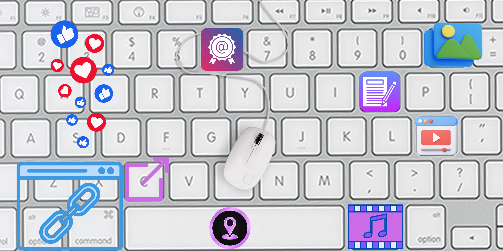 Off-page SEO elements on a keyboard, including backlinks, social signals, location tags, content, video, images, and external links.